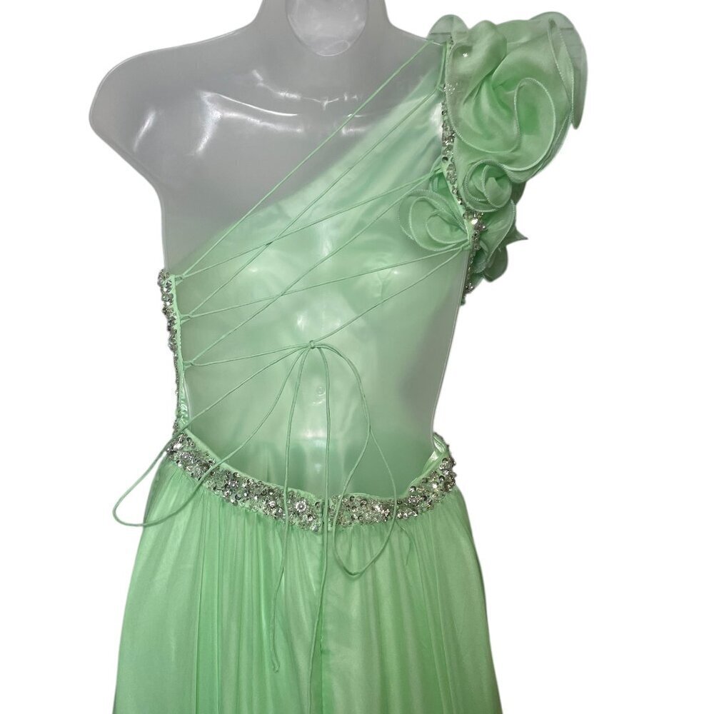 Seafoam Green One Shoulder Ruffle Maxi Gown Gem Bodice Size 2 - Picture 4 of 7